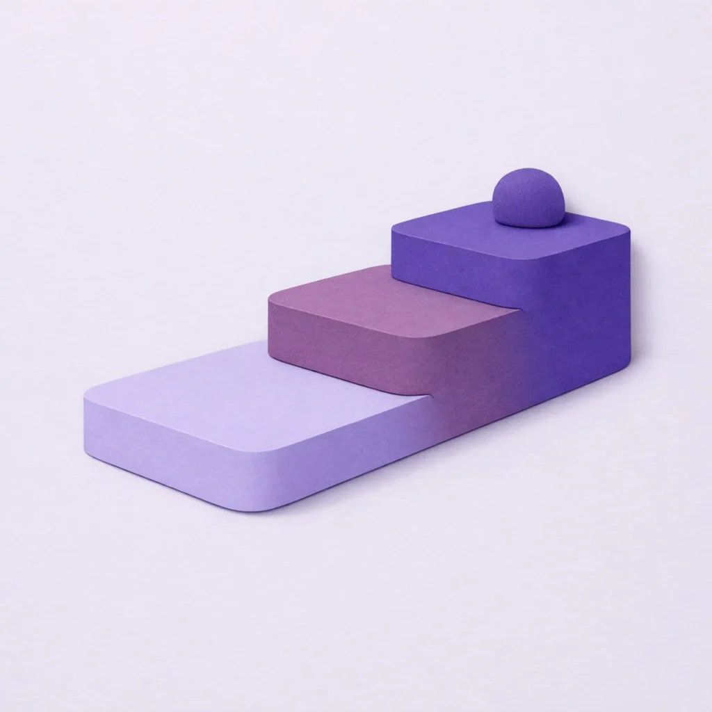 VIP tier acceleration at fast payout non GamStop casinos shown as a three-tier papercraft stepped platform rising in purple